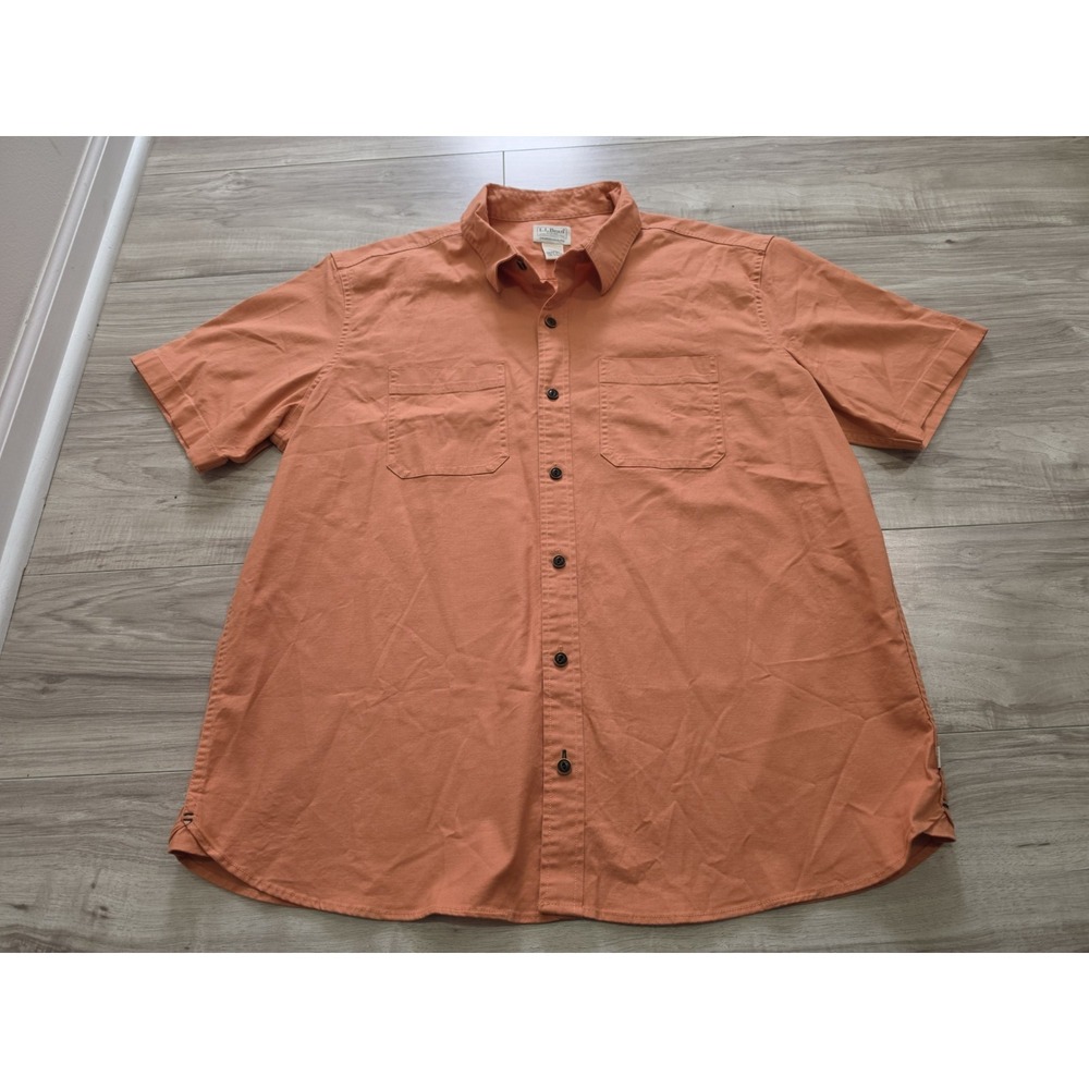 LL Bean Shirt Mens Large Orange Short Sleeve Button Front Cotton